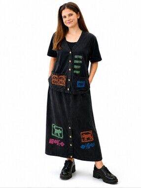 Vtg 90s Blue Cactus cotton knit maxi dress with vest  southwestern design sz M